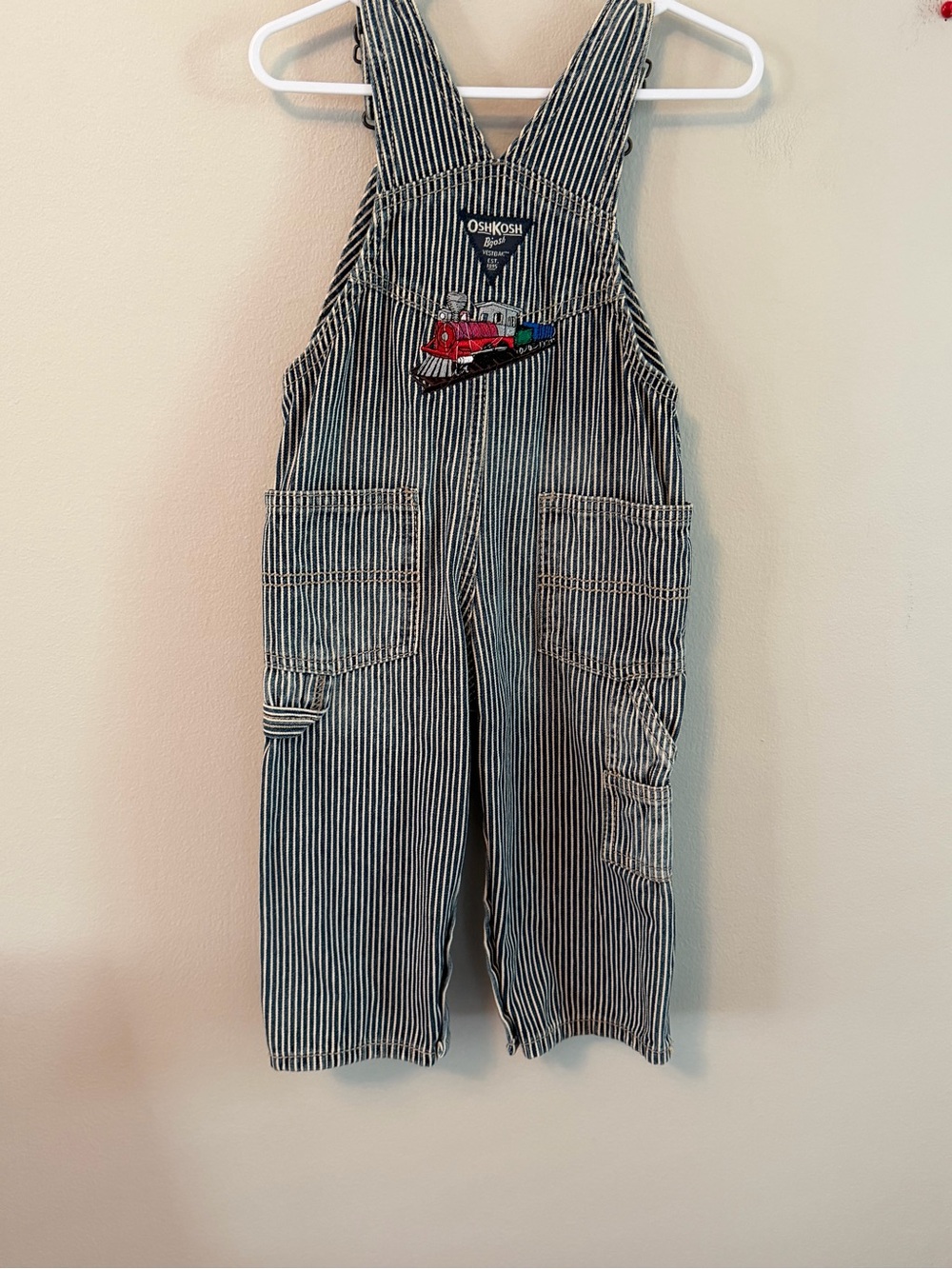 OshKosh B'gosh Blue and White Stripe Train Patch Overalls - Picture 2 of 4